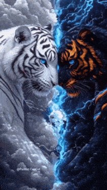 a painting of two tigers standing next to each other with the caption pointori capcut at the bottom