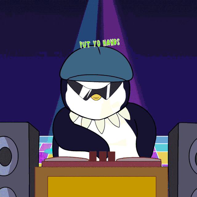 a penguin wearing sunglasses and a hat that says put yo hands on it