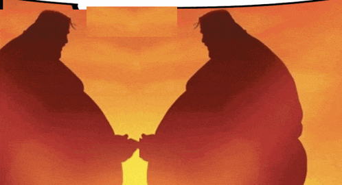 two men are standing next to each other in front of a sunset