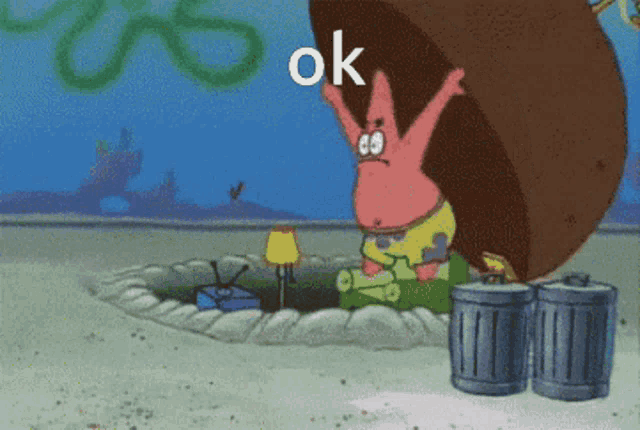 patrick star from spongebob squarepants is holding a large rock in his hand