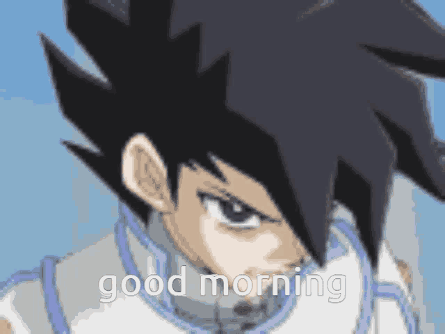 a close up of a cartoon character with the words good morning on the bottom