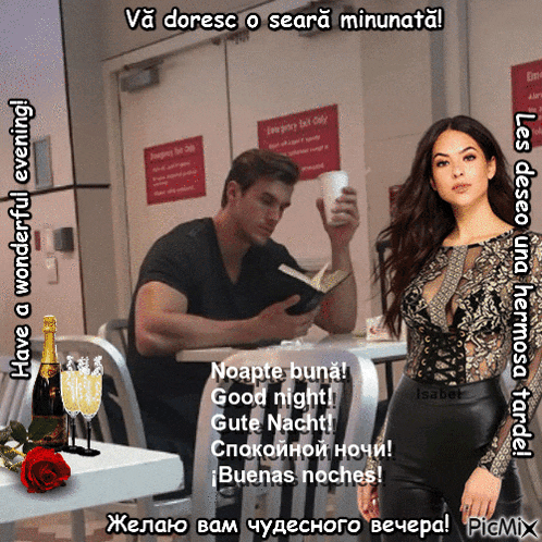 a man sits at a table reading a book while a woman stands behind him and says have a wonderful evening