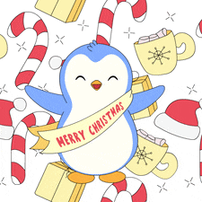 a penguin is holding a cup of hot chocolate surrounded by candy canes and presents