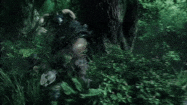 a blurry picture of a man in a helmet walking through a forest .