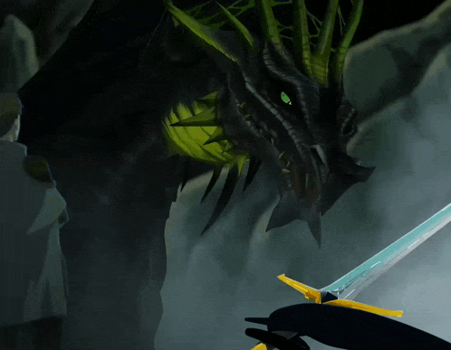 a person holding a sword in front of a dragon with green eyes
