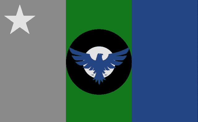 a blue green and gray flag with an eagle in the center