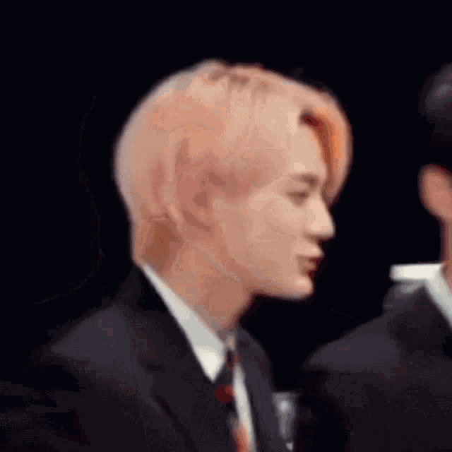 a man in a suit and tie is talking to another man .