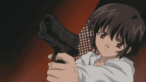 a girl is pointing a gun with a flame coming out of the barrel