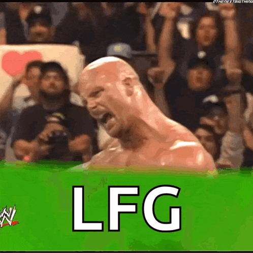 a wrestler is screaming in front of a crowd and the word lfg is on the green background