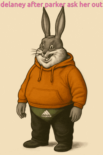 a cartoon of a bunny wearing an orange hoodie and black pants