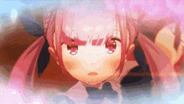 a girl with pink hair and red eyes is looking at something
