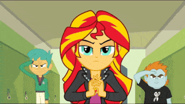 a cartoon of sunset shimmer standing in a locker room with two other characters