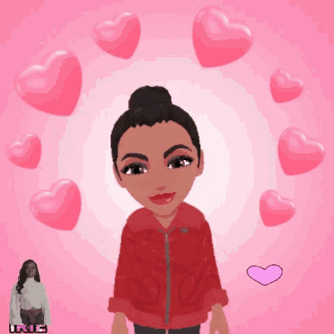 a girl in a red jacket is surrounded by pink hearts and the name iris