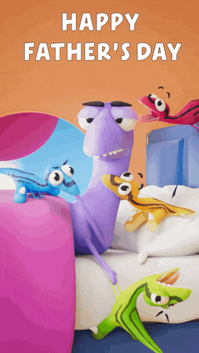 a happy father 's day greeting card with stuffed dinosaurs on a bed