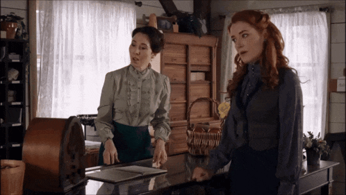 two women are standing next to each other in a room talking