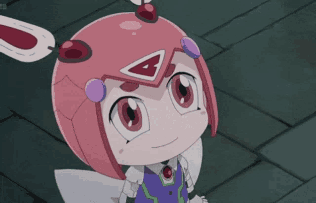 a cartoon character is wearing a pink helmet with a white triangle on it