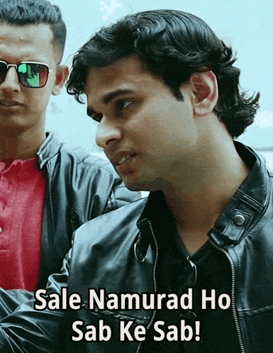 a man wearing sunglasses and a leather jacket has the words sale namurad ho sab ke sab written below him
