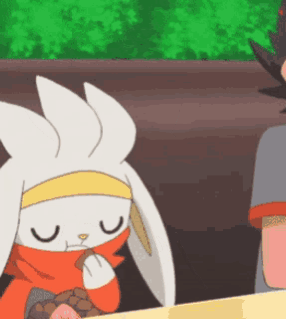 a cartoon rabbit is eating a piece of chocolate while a man watches .