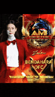 a woman in a red suit and bow tie stands in front of a logo for ami association music of indonesia