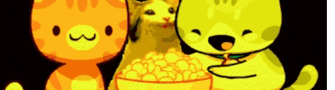 a cartoon of three cats standing next to each other eating popcorn .