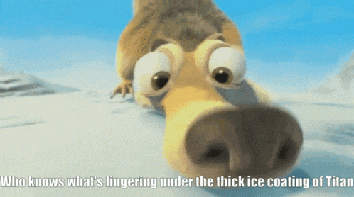 a close up of a cartoon character with the caption who knows what 's lingering under the thick ice coating
