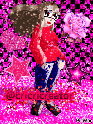 a girl in a red shirt is surrounded by pink stars and hearts