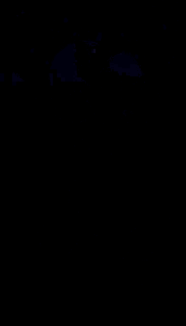 a cartoon character with blue and white wings is standing in a dark room