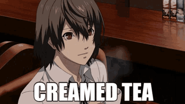 a girl is sitting at a table with the words creamed tea on the bottom