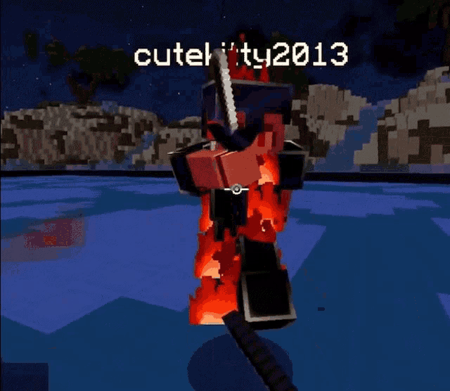 a minecraft character is holding a gun with a red flame coming out of his pants