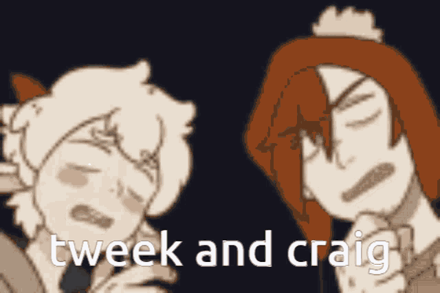 two cartoon characters are standing next to each other and the words tweek and craig are on the bottom of the image .