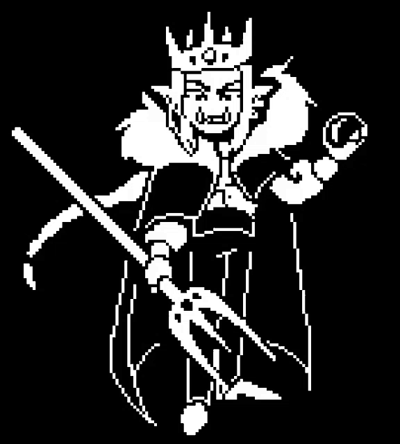 a pixel art drawing of a king holding a trident and a sword .