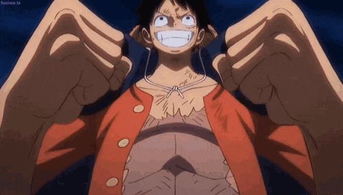 monkey d luffy from one piece is smiling and holding his fists up in the air .