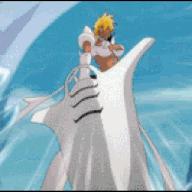 a cartoon character is riding on the back of a large white shark