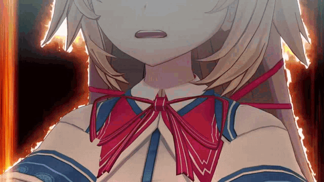 a close up of a anime girl with a red bow on her neck