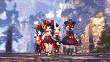 a group of cartoon characters standing next to each other with one wearing a red dress