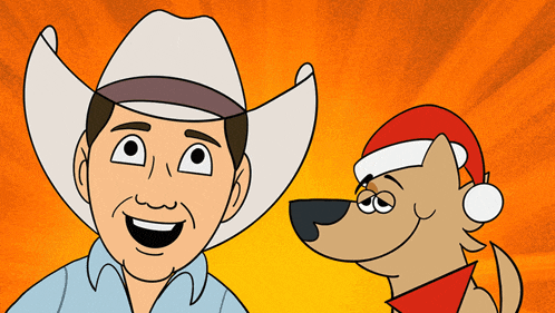 a man in a cowboy hat is smiling next to a dog wearing a santa hat