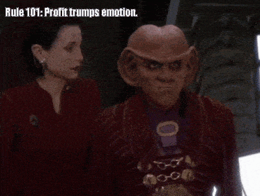 a woman stands next to a man who is holding a glass with the words rule 101 : profit trumps emotion below him