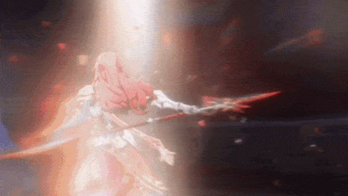 a girl with red hair is holding a sword in a dark room