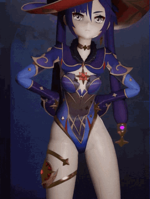 a cartoon character with purple hair and a red hat is standing with her hands on her hips