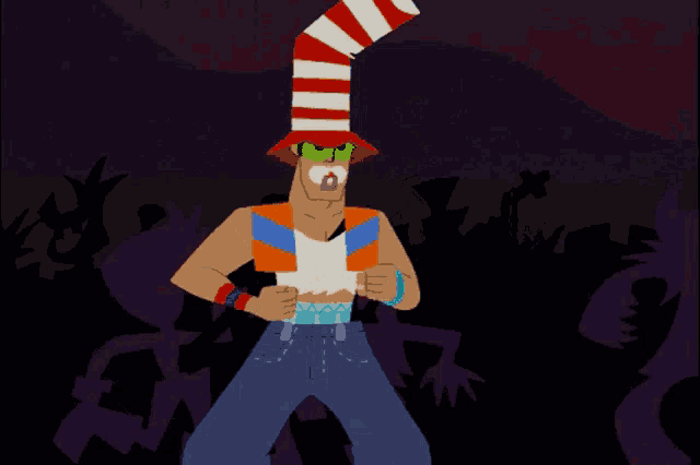 a cartoon of a man wearing a striped hat and green glasses