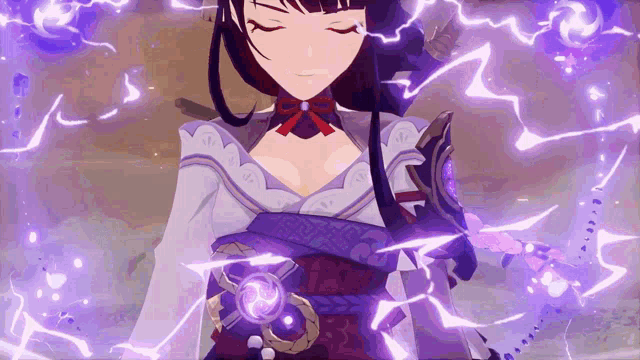 a girl in a kimono is surrounded by purple lightning and is holding a sword .