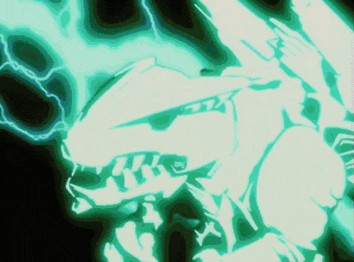 a drawing of a monster with green lightning behind it