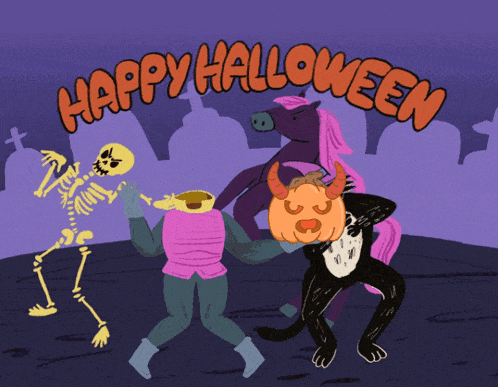 a cartoon of a skeleton a cat and a unicorn with the words happy halloween above them