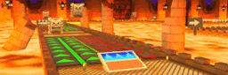 a blurred image of a video game with a red arrow pointing right