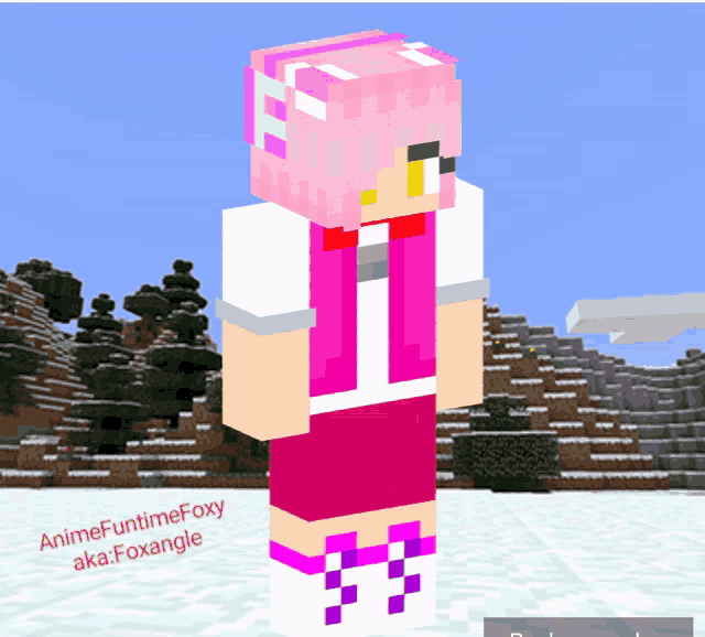 a minecraft skin of a girl with pink hair and the name animefuntimefoxy aka foxangle