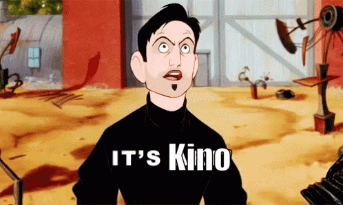 a cartoon character says it 's kino in front of a red building