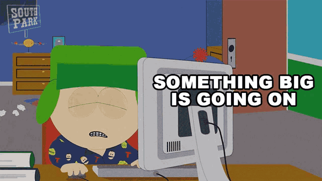 a cartoon of a man sitting in front of a computer with the words something big is going on above him