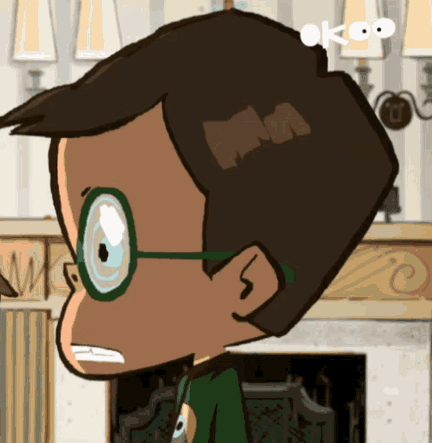 a cartoon of a boy wearing glasses and a green shirt with the word okco on it