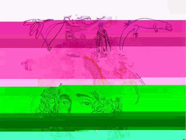 a pink and green striped background with a drawing of a woman in the middle