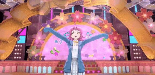 a girl in a blue jacket is dancing on a stage with flowers in the background